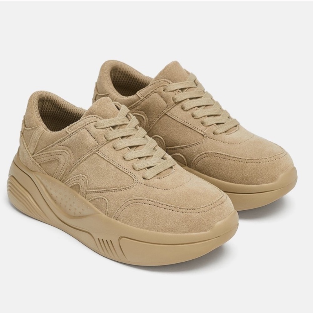 Zara Tan TaupeSuede Leather Platform Sneakers